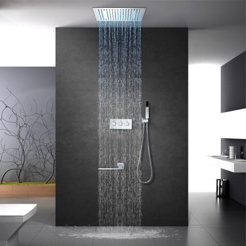 HIDEEP LED Shower Faucet Ceiling Embedded 16 Inch Rainfall Rain Curtain Shower Head Bathroom Shower Mixer Set with Hand Shower