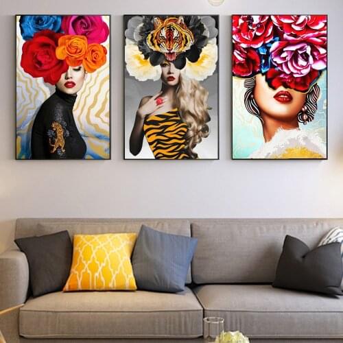 Modern Flower Head Woman Fashion Art Painting On The Wall Decor Canvas Prints Model Girls Poster Pictures For Living Room Mural