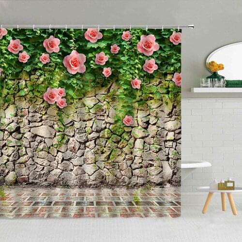 Vintage Stone Brick Wall Green Leaf Flower Wooden Door Shower Curtain Set High Quality Fabric Bathroom Supplies Decor With Hooks