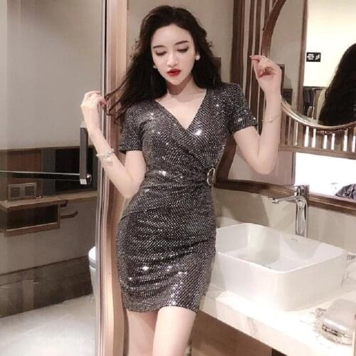 Women clothing V-neck sexy and club dresses bling slim one-step dresses Short sleeve night club mini dresses