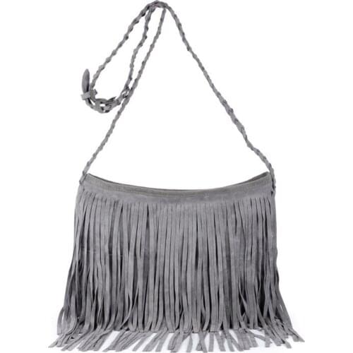 Hot Selling Womens Fringed Leather Shoulder Bag with Adjustable Knitting Strap Soft Ethnic Style PU Messenger Bag Solid Color