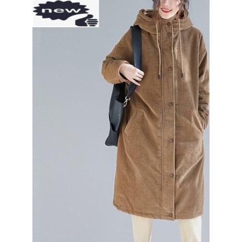 Vintage Winter Women Loose Fit Long Hoody Parka Thick Fleece Lining Corduroy Overcoat Casual Straight Warm Outwear Coat Parkas