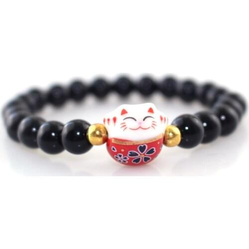 2020 New Women Bracelets Obsidian Stretch Rope Bracelet Natural Stone Beads Bracelet Ceramic Lucky Cat Cute Jewelry