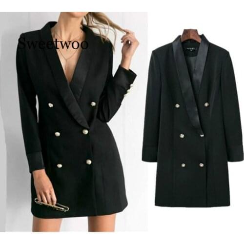 Elegant Mini Woman Suits Dress Double-breasted Blazer Jacket OL Buttons Coat Notched Cardigan Tops Womens Blazer