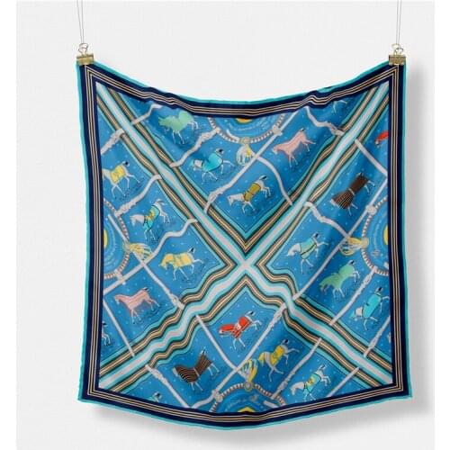 POBING Twill Silk Scarf Woman Horse Print Square Scarves Wraps Bandana Small Hijab Foulards Lady Tie Headband Neckerchief 53CM