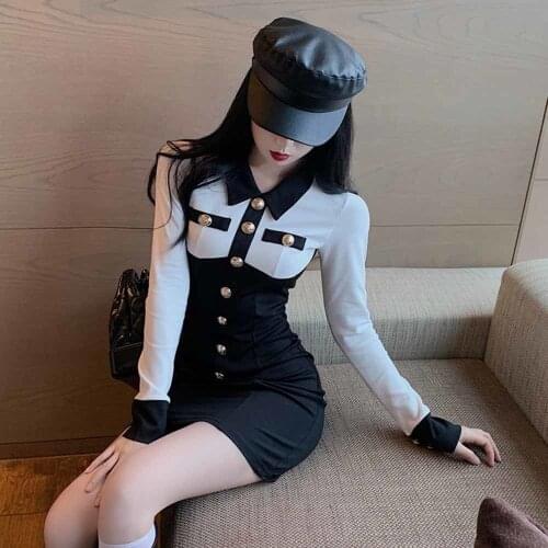 Design Knitted Sweater Dress Women Retro Long Sleeve Button Slim Pencil Dress Autumn Winter Korean Warm Bodycon Dresses