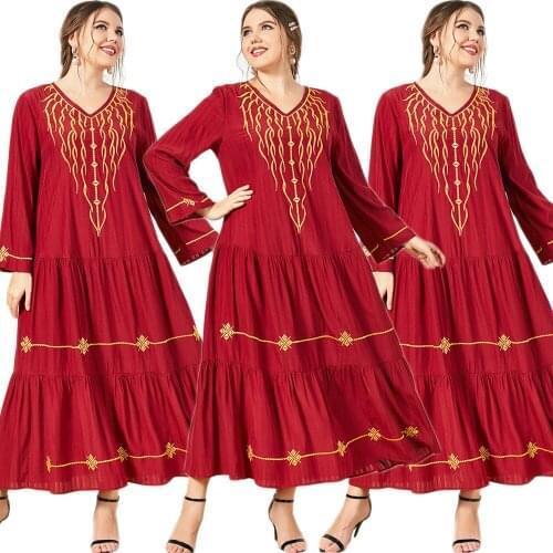 Dubai Muslim Women Embroidery Long Dress Arabic Abaya V-neck Middle East Ramadan Islamic Loose Ethnic Turkey Maxi Robe Gown New