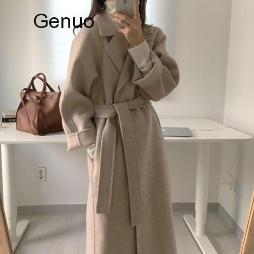 Women Elegant Long Wool Coat with Belt Solid Color Long Sleeve Chic Outerwear Ladies Overcoat Autumn Winter