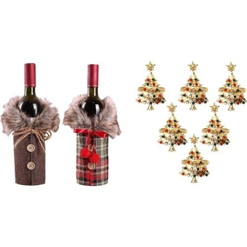Promotion! 2 Pcs Christmas Sweater Wine Bottle Cover & 6 Pcs Christmas Napkin Button Napkin Ring