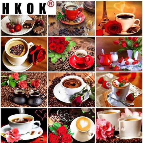 HKOK Diamond Painting Coffee Cup Full Square Cross Stitch Kits Diamond Embroidery Flowers Picture Rhinestones Home Decor