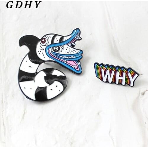 GDHY Striped big Snake Monster Brooch And Color letter"WHY"Art Enamel Pins For Kids Black White Snake Letter Badge Denim Jewelry
