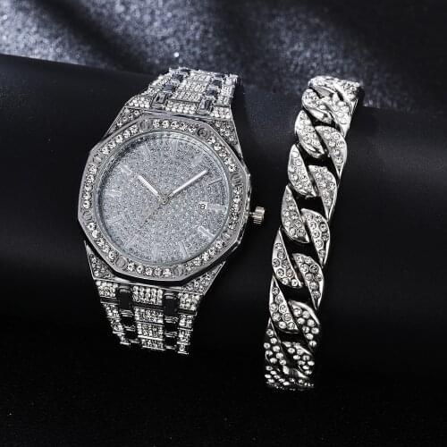 Luxury Watch for Men Women Big Gold Cuban Chain Bracelet Iced Out Watch Hip Hop Jewelry Set Gold Watch Men Miami Rhinestone Gift