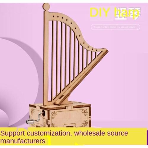 Diy Wooden Puzzle Handmade Harp Shape Music Box Wooden Hand-cranked Music Box Toys Kids Assembling Crafts Gifts P293