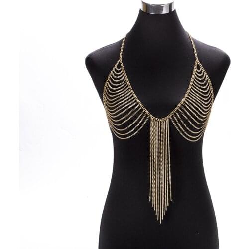 Design Luxury Fashion Stunning Sexy Body Chain Gold Color Body Chain Bra Slave Harness Necklace Tassel Waist Jewelry