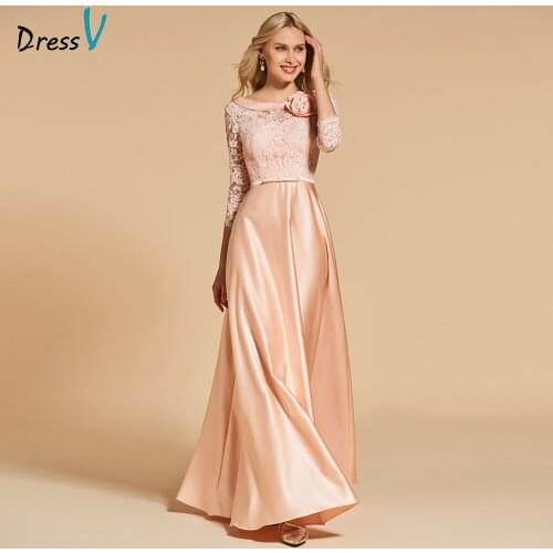 Dressv flesh pink evening dress scoop neck a line 3/4 sleeves floor-length pockets wedding party formal dress evening dresses