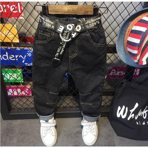 Boys Jeans 2018 Spring Children Tracksuits Kids Casual Trousers Fashion Solid Elasticity Long Pants with Belt Kids Denim Clothes
