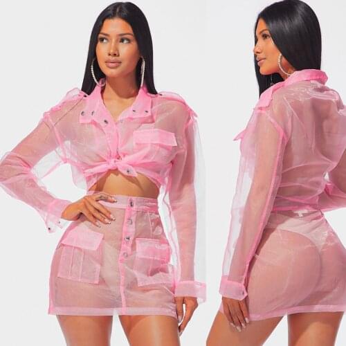 Personality Womens Solid-color Eugene Yarn Buckle Two-piece Suit Skirt Set Sexy See Through Mesh Pocket Nightclub Party Outfits