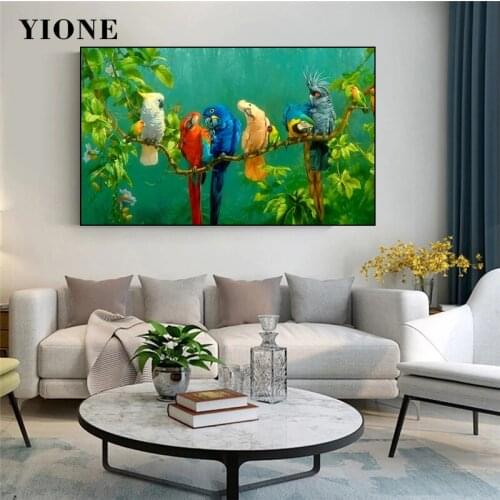 Green Forest Parrots Oil Painting Custom Retro Impressionist Animals Canvas Print Art Poster for Living Room Wall Picture Decor