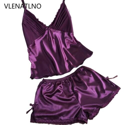 2016 summer style pajamas sets Women Female Sleep set Womens Deep V-neck Sexy Spaghetti Strap Shorts Sleepwear silk homewear
