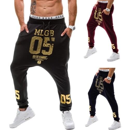 HOT 2019 Outdoor mens low crotch pants Drawstring harem pants gold printed letters slacks jogging street hip hop pants male
