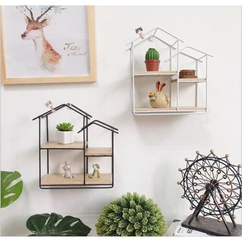 House Shape Metal Wall Rack Two layer Flower Vase Holder Coffee Shop Wooden Metal Wall Sundries Holder Wall Shelf Storage Holder
