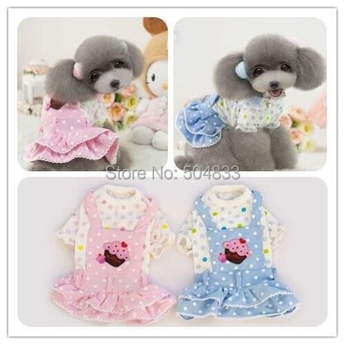 Cute Cake Patch Dogs Strap Dress Pet Dog Cotton Tutus Summer Clothes Free Shipping Pink Blue