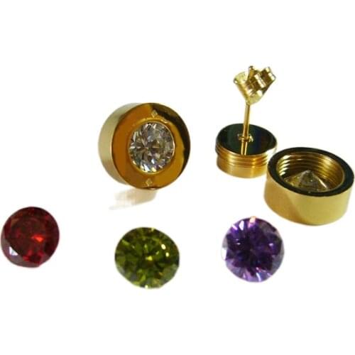 Fashion Replaceable Color Cubic Zirconia Stone CZ Gold Color Stainless Steel Stud Earrings