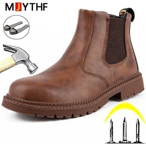 Mens Safety Shoes Boots Leather Shoes Work Boots Anti-puncture Safety Boots Men Waterproof Chelsea Boots Steel Toe Shoes 2021