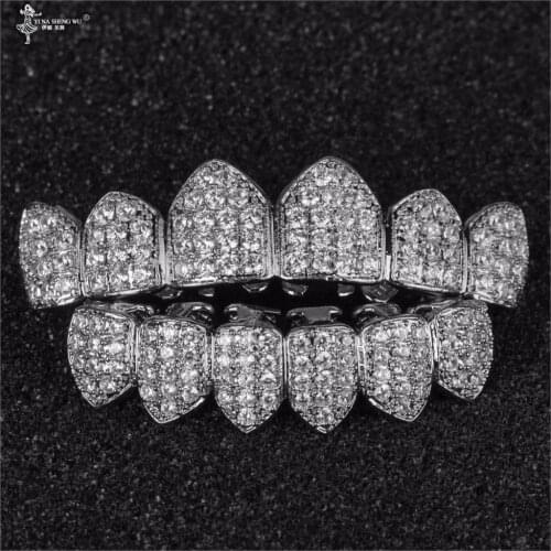 Hip Hop Micro Paved Cubic Zirconia Bling Iced Out Teeth Grillzs Top Bottom Set Dental Grills Men Jewelry Gold Color Fashion 2019