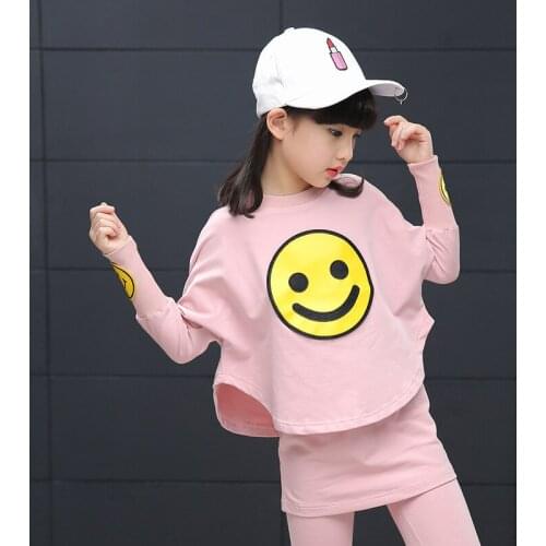 Children Girls 2017 New Spring Autumn Clothing Set Cotton Cartoon Smiling Faces T-shirt+pant 2pcs Kids Clothes Free Ship