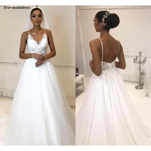 Sexy Beach Wedding Dresses 2019 Spaghetti Straps Backless Lace Appliques Boho Bridal Gowns Plus Size Customized Vestido De Noiva
