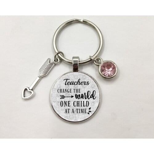 Gift for Teacher, Daycare provider, Teacher charm Keyring, Birthstone jewelry , TEACHERS CHANGE the World One child at a time