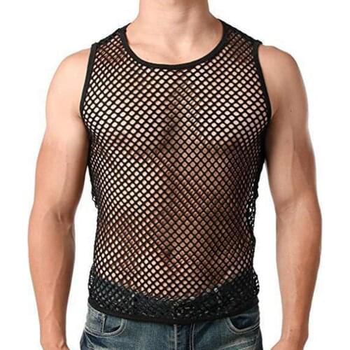 Popular Men Sexy Vest Breathable All Match See-through Fishnet Summer Round Neck Sleeveless T-shirt Streetwear for Sleeping
