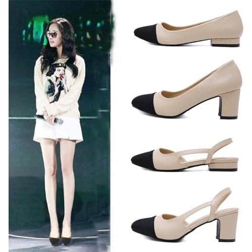 Mixed Color Chunky Shoes Women Plus size 32-42 Patchwork Shallow Sandals Slip on Slingback Sandals Shoe for Women Block Heels