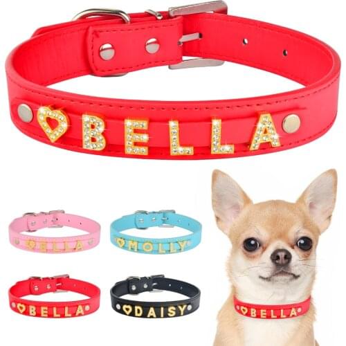 DIY Bling Personalized Dog Collar Rhinestones Leather Free Name Small Medium Pet