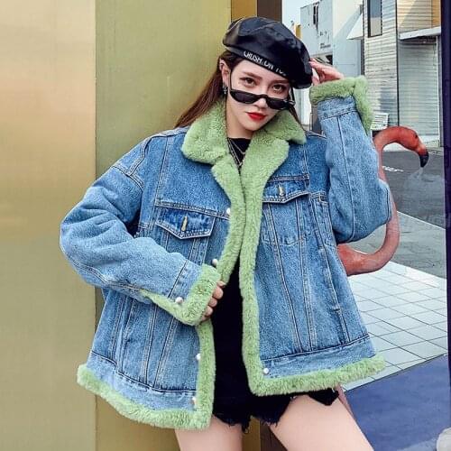 Unua amo Winter Denim Coat Female Thick Warm Fashion Korean Style High Quality Fluff Liner Lambswool Jean Jackets Women YY068A