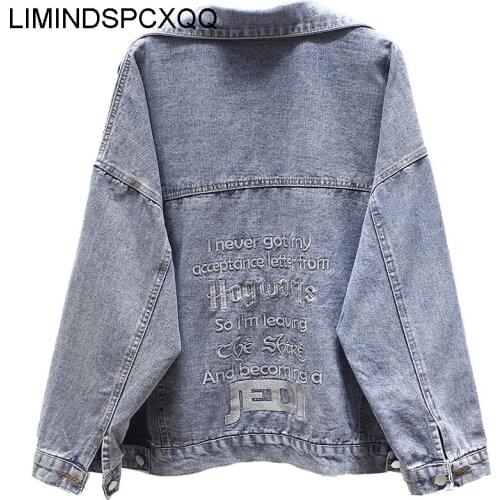 Vintage Denim Jackets Women Spring Coats Ripped Outerwear clothes Windbreaker Boyfriend Female Jeans tops letter embroidery 2021