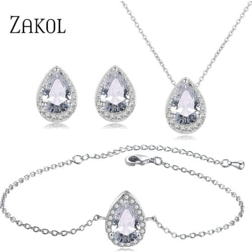 ZAKOL Nigerian 3 Pcs Fashion White Teardrop Round Cubic Zirconia Earrings necklace bracelet Jewelry Sets For Women Engagement