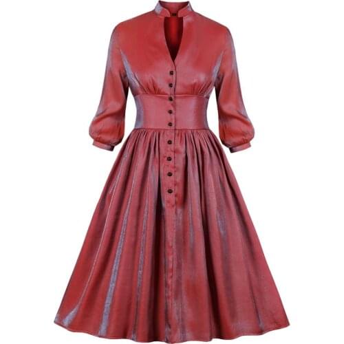 Womens Midi Skirt 2020 Autumn New Pearly Deep V Slim Big Swing Womens Dress Fashion Elegant Temperament Retro Red Dress XXL