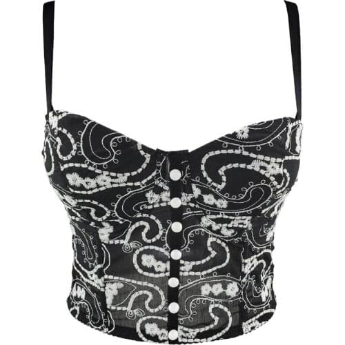 Women Summer Sexy Bustier Bra Paisley Embroidery Mesh Lace Push Up Camisole Vest Club Party Button Down Corset Top Bralette