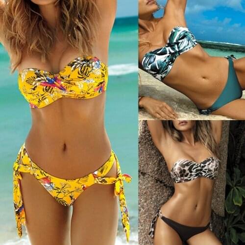 Women Sexy Push Up Printed Bikini 2 Pieces Set Female Strapless Bra Thong Swimsuit Bathing Suit Beachwear Swimwear