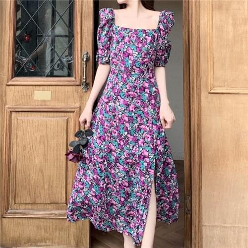 Women Long Floral Vintage Dress Summer 2021 Boho Retro Elegant Elegant Casual Party Night Beach Vacation Runway Vestidos French