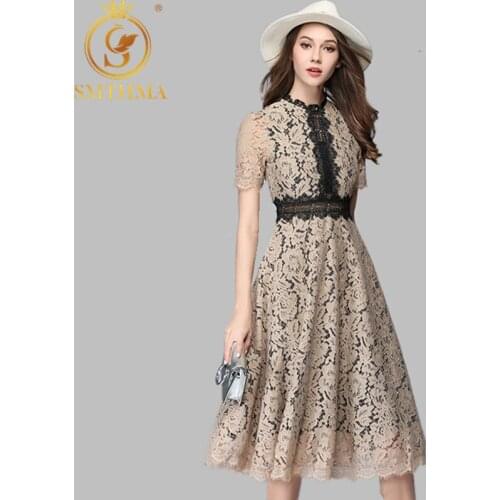 SMTHMA 2021 Women High Quality Luxury Runway Dress New Fashion Elegant Vestidos Summer Lace Patchwork Long Dresses