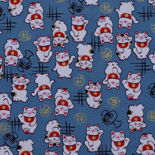 1 yard Printed Cotton Woven Fabric - Lucky Cats on Grey background (width=140cm)