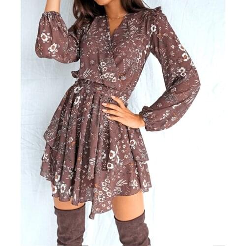 2021 Autumn Cascading Ruffle Floral Dress Women Casual V Neck A Line Print Dress Boho Female Elegant Long Sleeve Party Vestidos