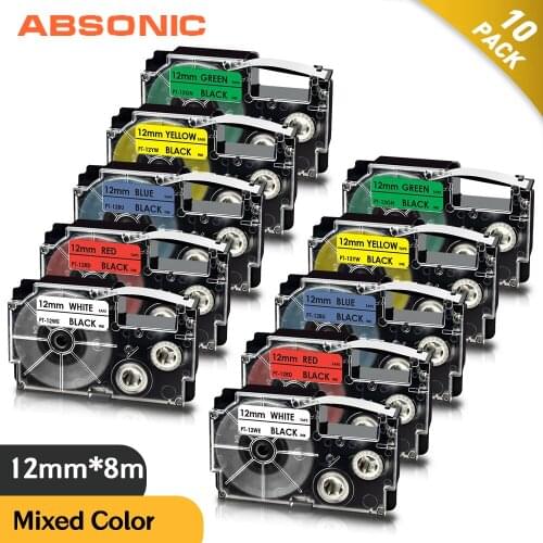 Absonic 10PK 12mm for Casio Label Tape XR-12WE XR12WE XR-12RD XR-12BU XR-12YW Mixed Set Work for Casio KL-60 KL-60SR KL120 Print