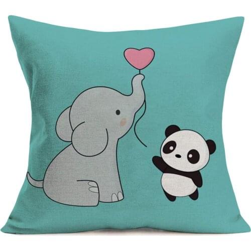 Doitely Kids Cartoon Hand Drawn Throw Pillow Covers Cute Animal Elephant and Panda are Grabbing Balloon Decorative Cotton
