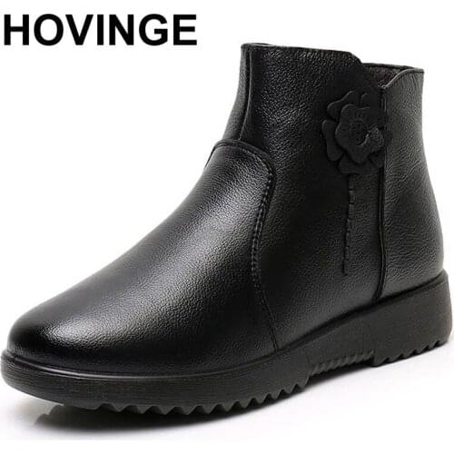 HOVINGE Fashion Winter Women Genuine Leather Ankle Boots Female Thick Plush Warm Snow Boots Mother Waterproof Non-slip Booties