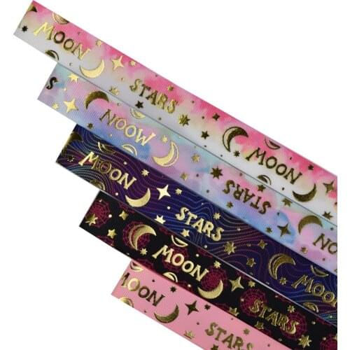 HSDRibbon 22mm 7/8inch HSD-Genuine stars and moon Pattern Foil Printed on Grosgrain Ribbon 50Yards/Roll
