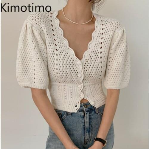 Kimotimo Solid Cardigan Women Korean Chic Temperament V Neck Single Breasted Waist Sweater Puff Sleeve Hollow Out Ladies Tops